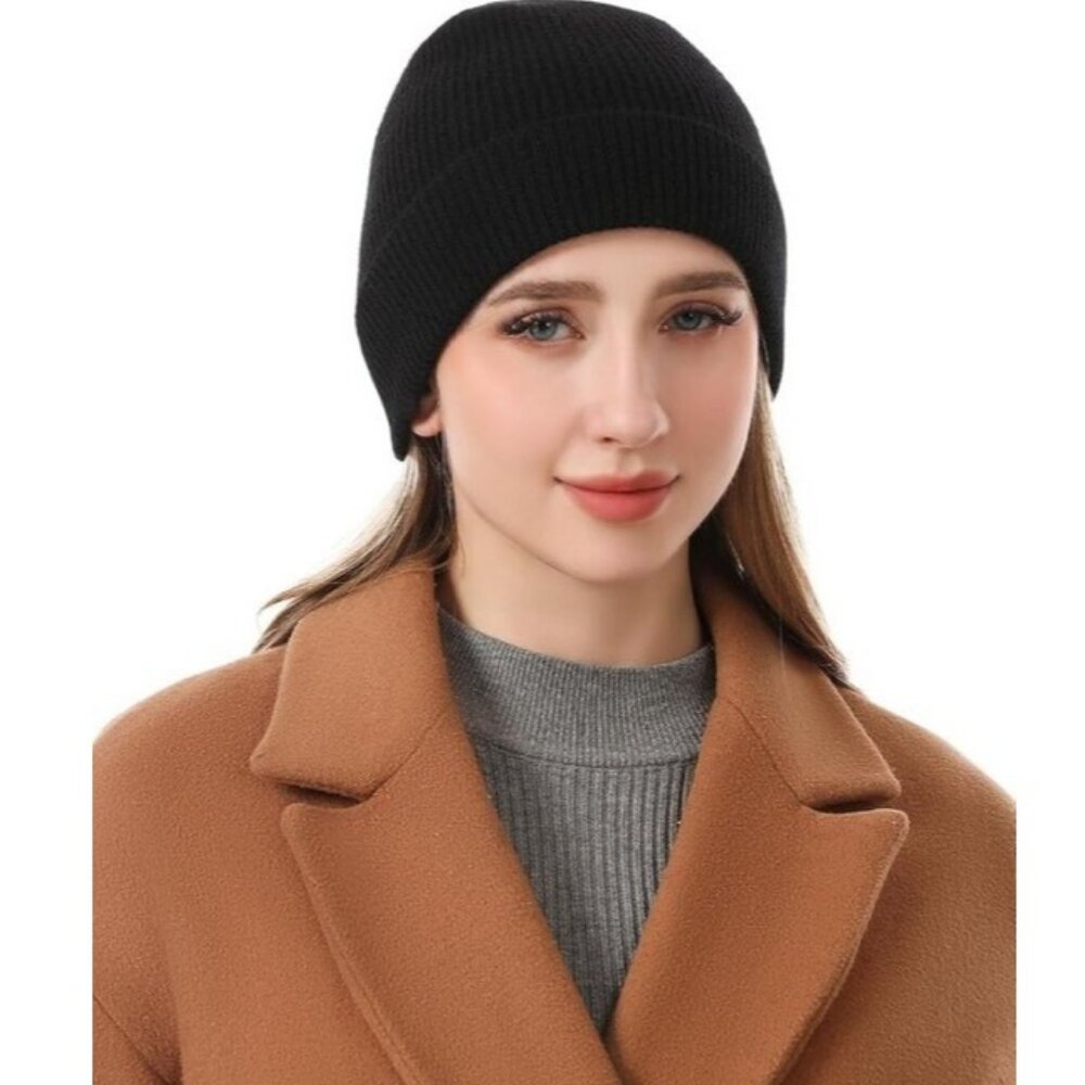 ⚡Women Black 100% Pure Mongolian Cashmere Knit Hat Ultra Soft Winter Beanie - Picture 1 of 9